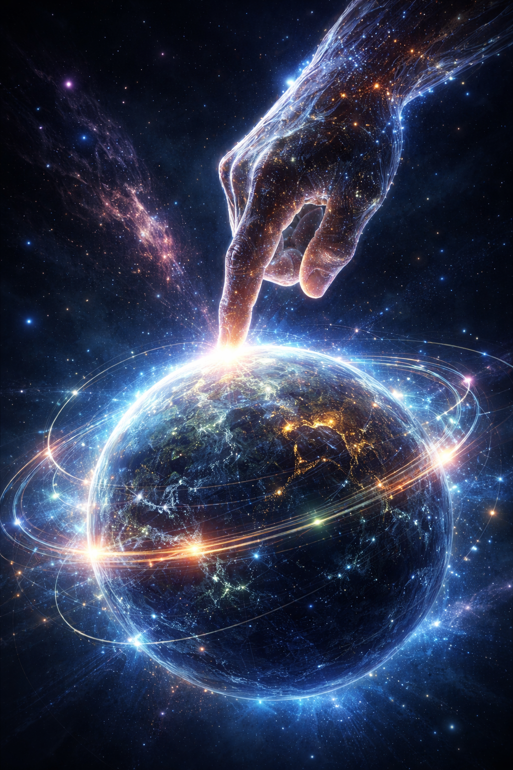 Dedo tocando un planeta, creación en un clic